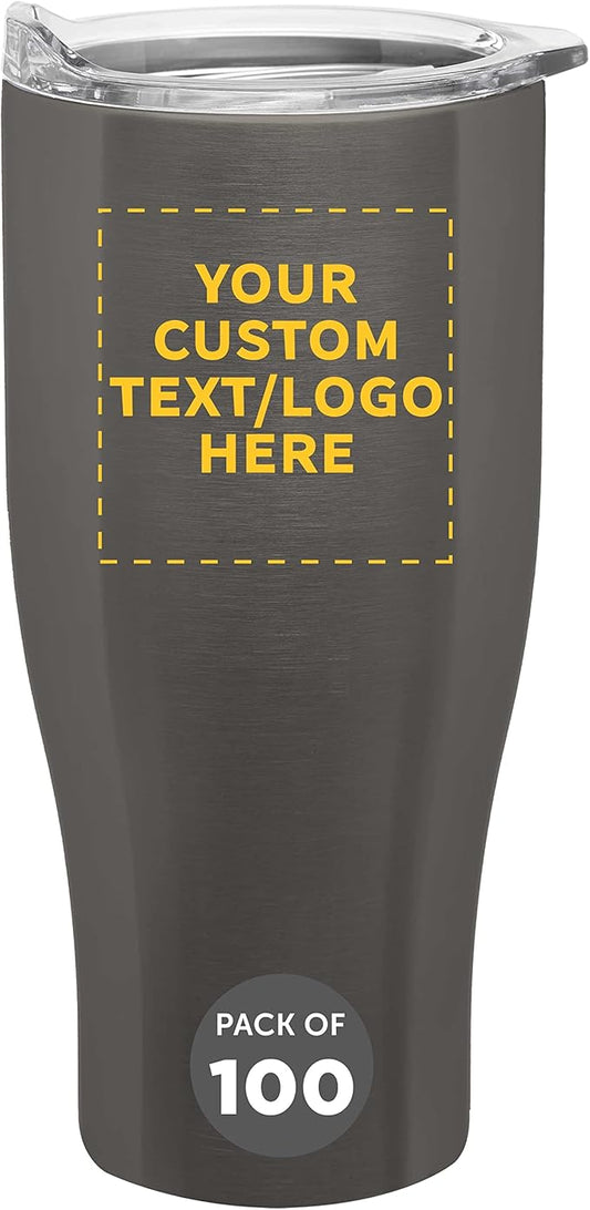 Custom Stainless Steel Grip Travel Mugs 27 oz. Set of 100, Personalized Bulk Pack - Perfect for Coffee, Soda, Other Hot & Cold Beverages - Smoke