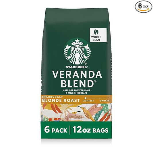 Starbucks Whole Coffee Beans, Starbucks Blonde Roast Hot or Iced Coffee, Veranda Blend, Six 12 oz Bags