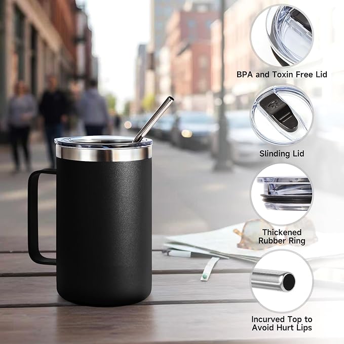Volhoply 16oz Insulated Coffee Mug with Lid and Straw, Stainless Steel Travel Mugs with Handle, Double Wall Vacuum Leak Proof Coffee Tumbler Cup (Black,1)