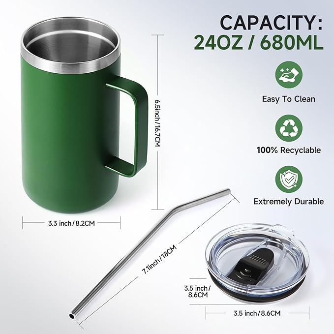 Volhoply 24oz Insulated Coffee Mug with Lid and Straw, Stainless Steel Travel Mugs with Handle, Double Wall Vacuum Leak Proof Coffee Tumbler Cup (Army Green,1)
