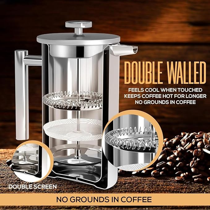 Coffito French Press Coffee Maker,Stainless Steel Double Wall Insulated Coffee Press 34 oz,4-8 Cups, Portable Hot Cold Brew Teapot Cafetera for Coffee Bar Accessories Kitchen Camping (silver,34oz)