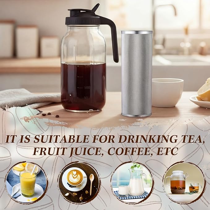 Cold Brew Coffee Filter for 128 oz Mason Jar Fine Mesh Reusable 304 Stainless Steel Food Grade Cold-brew Strainer with Sealing Ring for Iced Drink Fruit Tea Cold Brew Coffee Maker