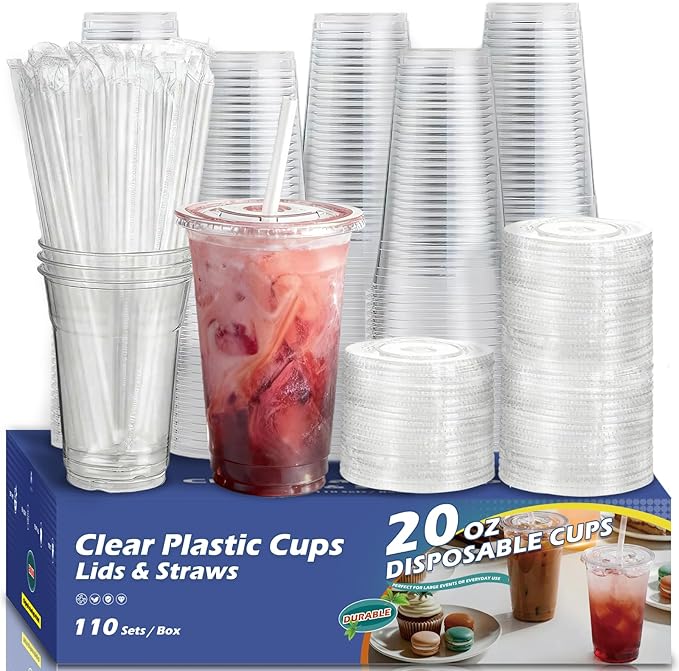 110 Packs 20oz Iced Coffee Cups with Lids and Straws,Leakproof Clear Plastic Cups,Disposable Coffee Cups For Cold Drinks,Iced Coffee,Smoothies