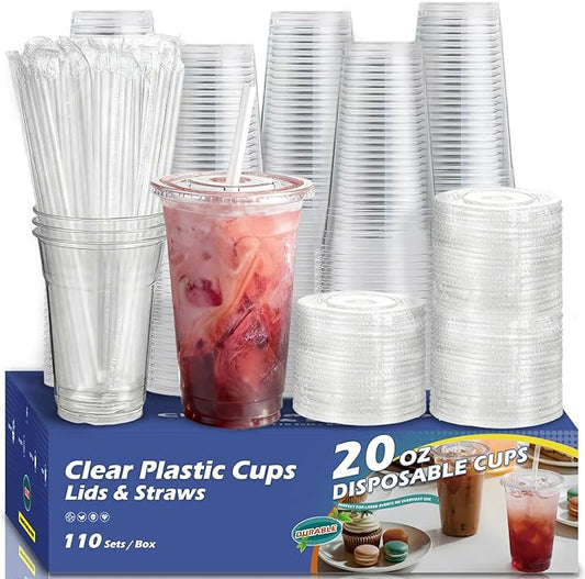 110 Packs 20oz Iced Coffee Cups with Lids and Straws,Leakproof Clear Plastic Cups,Disposable Coffee Cups For Cold Drinks,Iced Coffee,Smoothies