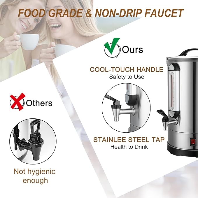 GOLREAN Commercial Coffee Maker 100 Cup Coffee Urn Hot Beverage Dispenser 4 Gallon 16L Large Coffee Urn Dual Layers 304 Stainless Steel 1300W Fast Brew Percolator For Business, Catering, Church