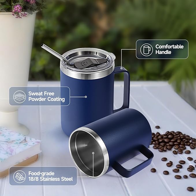Volhoply 16oz Insulated Coffee Mug with Lid and Straw, Stainless Steel Travel Mugs with Handle, Double Wall Vacuum Leak Proof Coffee Tumbler Cup (Navy,2)