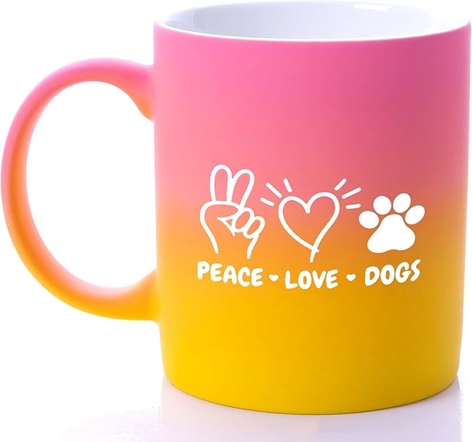 G MUGS Dog Lover Coffee Mug - Gift for Women Men,13oz Ceramic Tea Mug with Peace Love Dogs Design, Cute Paw Print & Heart Mug for Dog Owners Yellow And Pink Mug
