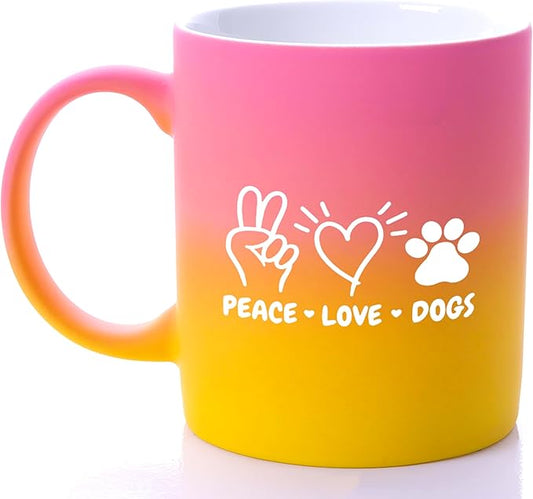 G MUGS Dog Lover Coffee Mug - Gift for Women Men,13oz Ceramic Tea Mug with Peace Love Dogs Design, Cute Paw Print & Heart Mug for Dog Owners Yellow And Pink Mug