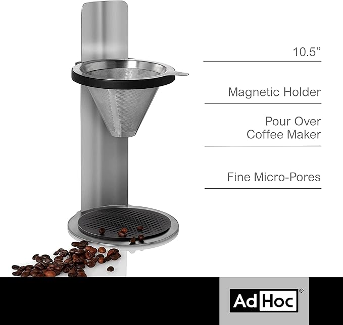 AdHoc Mr. Brew Pour-Over Coffee Maker - Double-Walled Stainless Steel Filter for Full Coffee Flavor - Coffee Accessory for Pour-Over Coffee - Magnetic Holder for Paper Coffee Filters