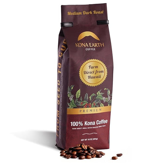 KONA EARTH 100% Kona Premium Coffee, Medium Dark Roast, Whole Bean, 1 lb (16oz) Farm-Direct Authentic Hawaiian Kona Coffee beans from Hawaii’s Big Island, Micro-Batch-Roasted