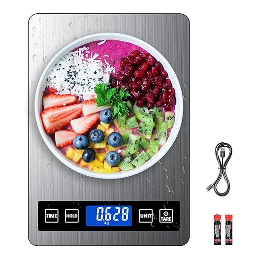 GRAM PRES Food Scale Rechargeable, 22lb Digital Kitchen Scale Weight Grams and oz with Timer & Hold Function for Cooking Baking, 1g/0.1oz Precise Graduation, Stainless Steel and Tempered Glass
