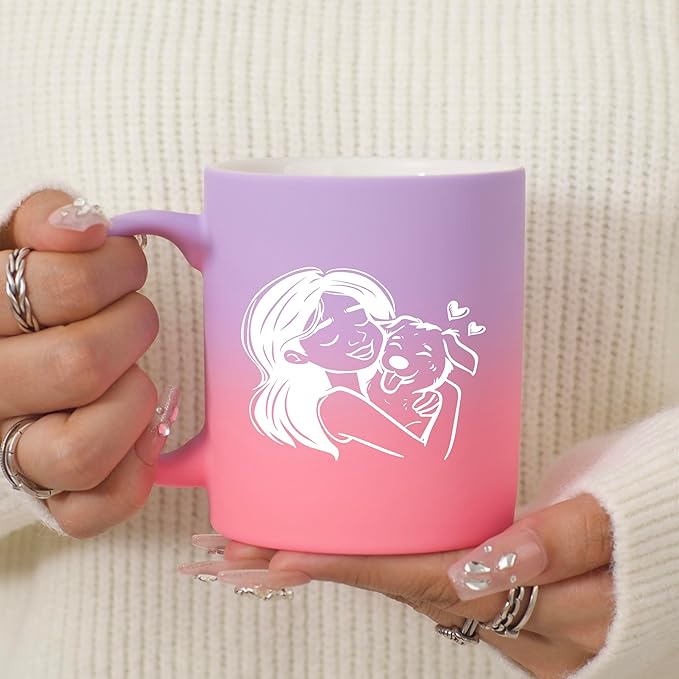 G MUGS Dog Lover Hug Ceramic Coffee Mug - 13oz Tea Mug with Girl & Dog Hug Design, Gift for Dog Owners Women Sunset Glow Mug