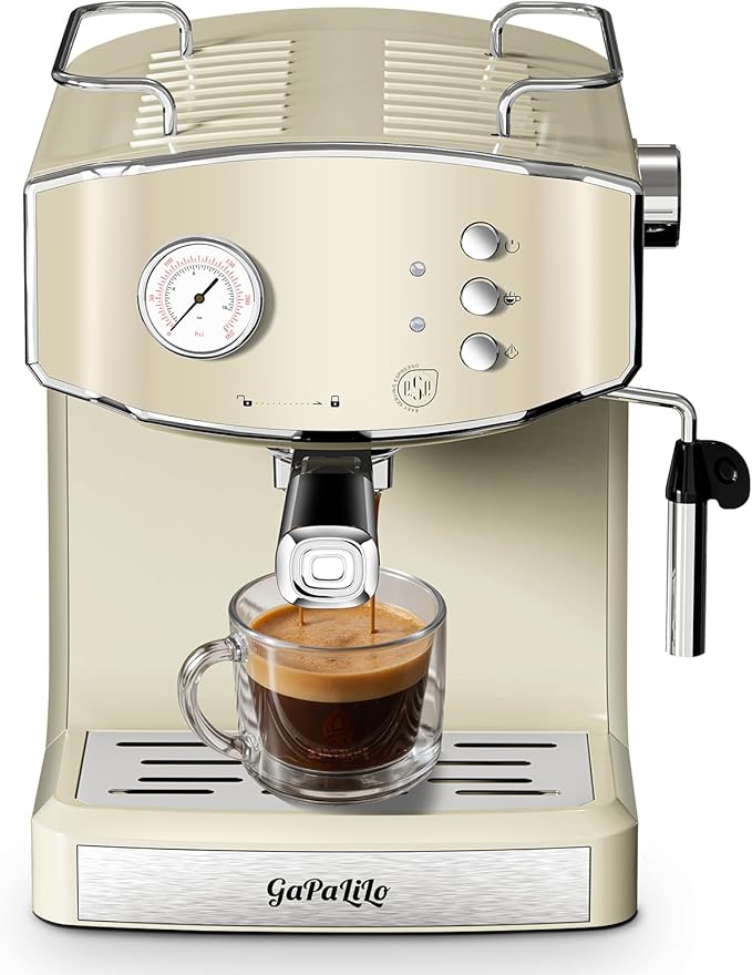 20 Bar Vintage Style Espresso Machine Coffee Maker with Milk Frother, ESE Pod Compatible Coffee Machine, Pressure Gauge, 54 oz PP Removable Water Tank, Ideal for Home Barista,Griege