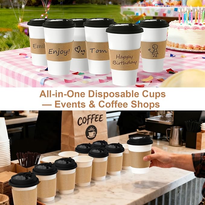 12 oz 100 Pack Coffee Cups with Lids and Sleeves, Straws, Hot Disposable To Go Travel Paper Cups Bulk for Office, Home Coffee Bar Accessories, Chocolate, Cocoa, Beverage (Black)