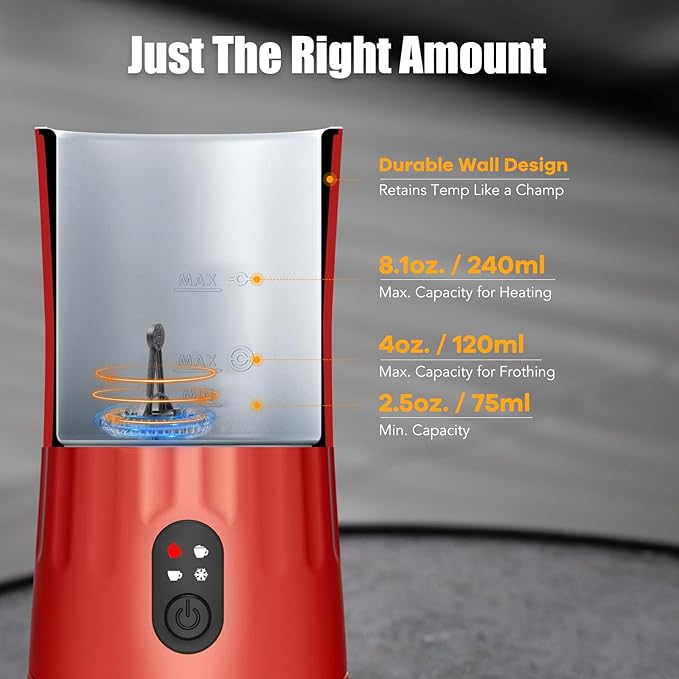Ovetedot Milk Frother, Upgraded 4-in-1 Milk Frother and Steamer, Hot and Cold Foam Maker and Milk Warmer with Temperature Control & Auto Shut-Off, Frother for Coffee, Latte, Cappuccino, Matcha(Red)