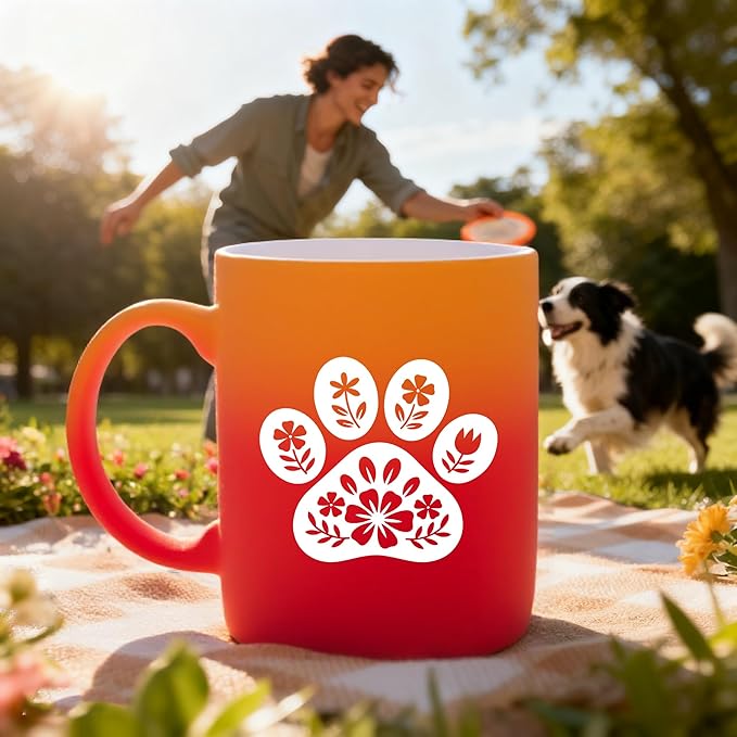 G MUGS Floral Dog Paw Ceramic Coffee Mug - 13oz Ceramic Tea Mug with Flower Decorated Paw Print Design,Gift for Pet Owners Women Men, Cute Dog Lover Red And Yellow Mug