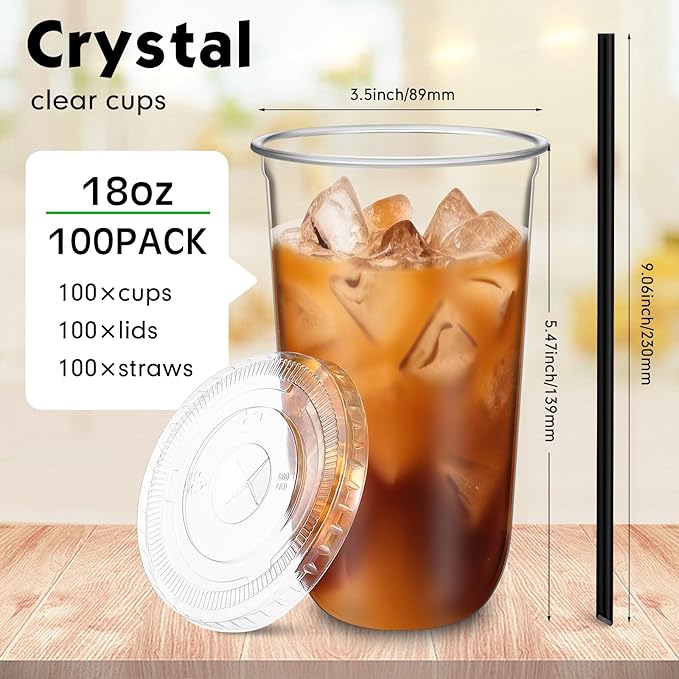 100 Set 18 oz Clear Plastic Cups with Lids and Straws, Disposable Iced Coffee PET Cups for Drinking Cold Beverage Juice Parfait Smoothie Milkshake Coffee Shops Party Supplies