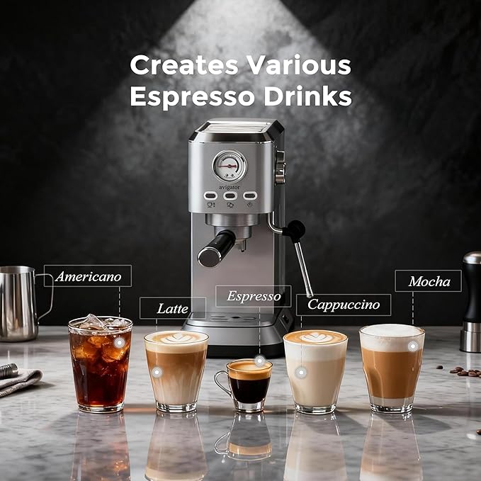 Espresso Coffee Machine, 20 Bar Espresso Maker with Milk Frother, Hot Espresso & Cold Brew, 50 oz Water Tank, Visible Pressure Gauge, Compact Design for Counter