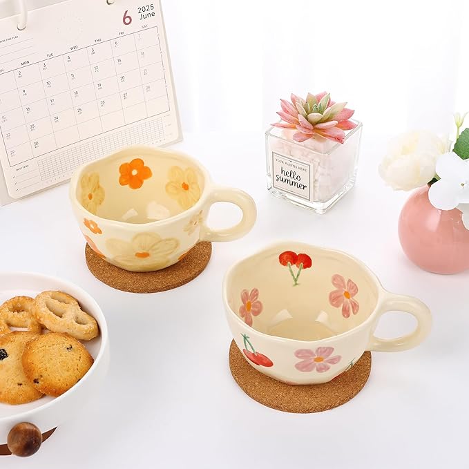 MAKCNMYM Ceramic Coffee Mug Set of 2 Vintage Flower Mugs 8 oz Cute Floral Coffee Mugs Irregular Latte Art Cup Lead-free Porcelain Cups for Cappuccino, Cocoa (Pink Cherry and Orange Flower)
