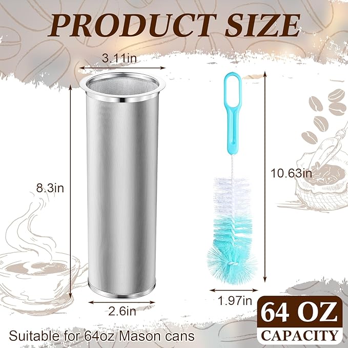 Cold Brew Coffee Filter with Brush for 64 Oz/2 Quart Wide Mouth Mason Jar Infuser 304 Stainless Steel Filter Food Grade Strainer with Sealing Ring for Iced Drink Fruit Tea Coffee Maker
