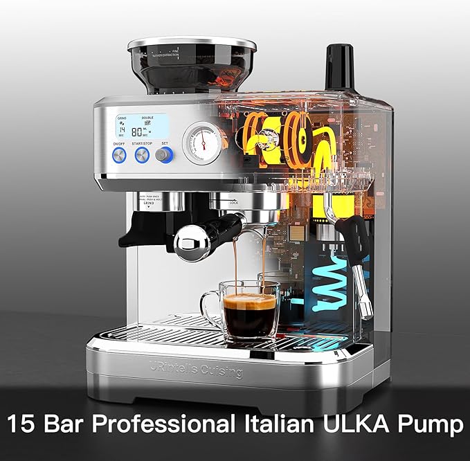 Espresso Machine with Grinder, Stainless Steel Coffee Maker with 58MM Portafilter & Milk Frother, Barista Coffee Machine for Cappuccino, Latte, Expresso Machines for Home