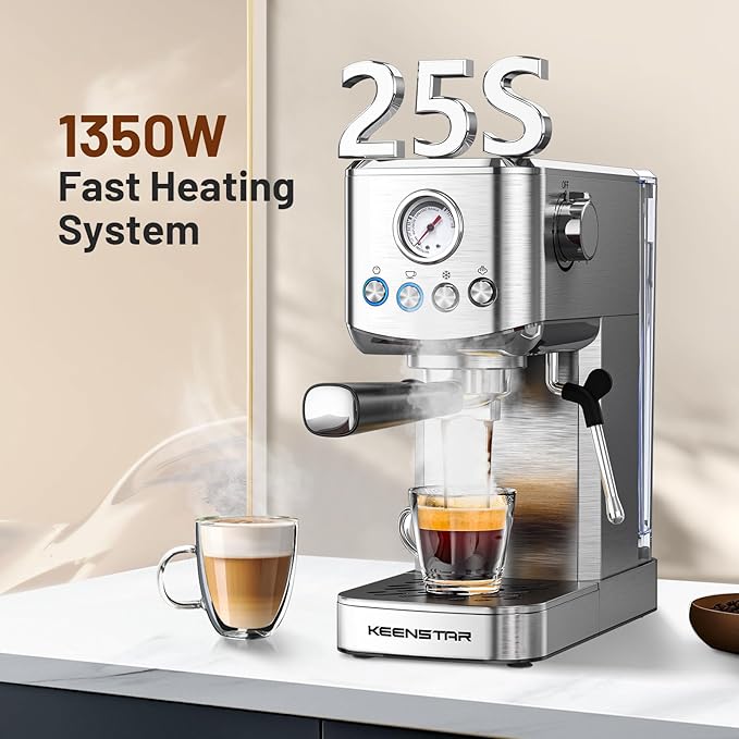 KEENSTAR Espresso Machine 20 Bar, Cold Brew Espresso Maker with Milk Frother Steam Wand, Compact Stainless Steel Semi Automatic Espresso Coffee Machine for Cappuccino & Latte & Americano Maker