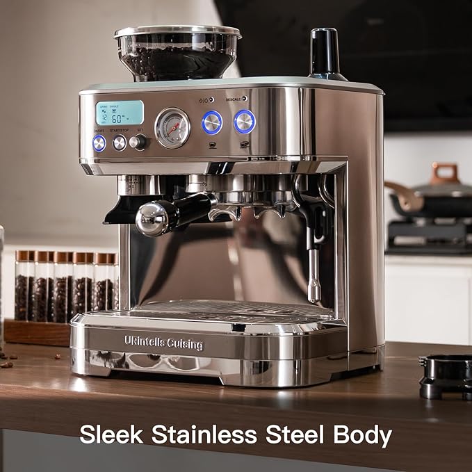 Espresso Machine with Grinder, Stainless Steel Coffee Maker with 58MM Portafilter & Milk Frother, Barista Coffee Machine for Cappuccino, Latte, Expresso Machines for Home