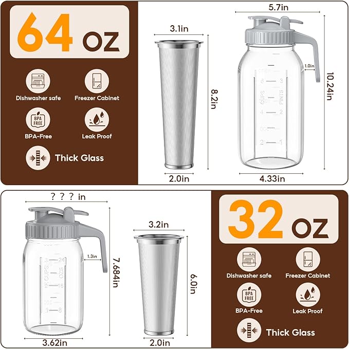 AHOMSEL Cold Brew Coffee Maker Jar - 2 Pack 64 oz/32 oz Glass Cold Brew Maker with Handle, Stainless Steel Filter & Leak-Proof Lid, Heavy Duty Cold Brew Pitcher for Iced Coffee, Sun Tea, and Milk
