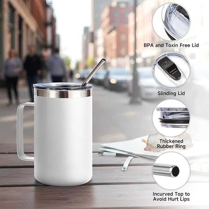 Volhoply 16oz Insulated Coffee Mug with Lid and Straw, Stainless Steel Travel Mugs with Handle, Double Wall Vacuum Leak Proof Coffee Tumbler Cup (White,2)