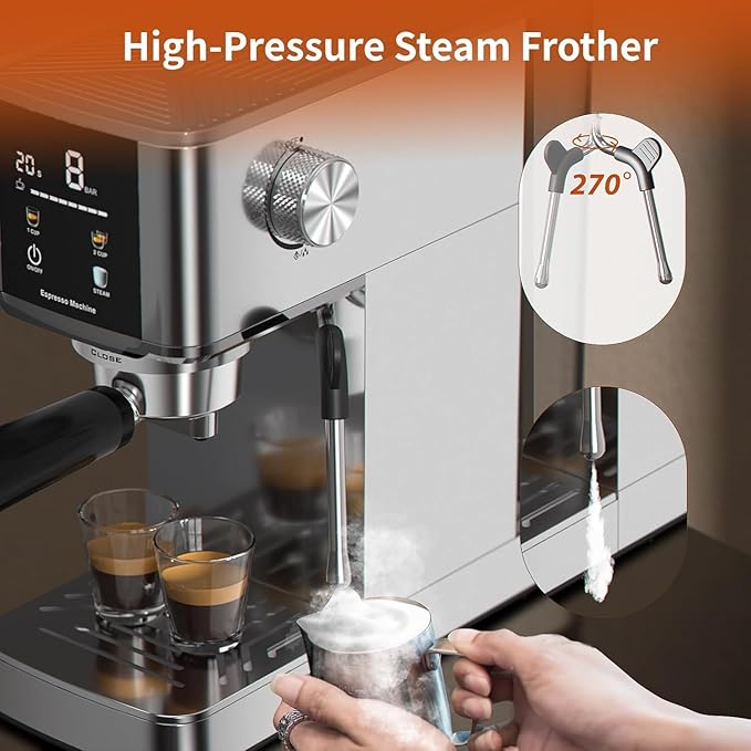 Kismile Espresso Machine with Milk Frother, 20 Bar Compact Stainless Coffee Maker with Capsule Funnel|48oz Detachable Water Tank|LED Display, Pre-Infusion for Cappuccino|Mocha|Latte at Home or Office