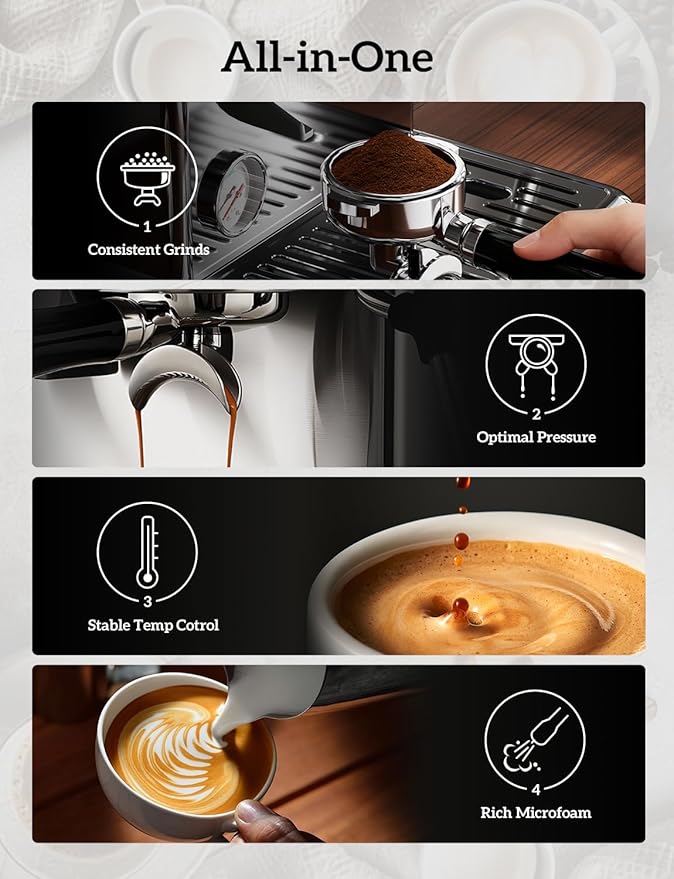 Espresso Machine, 4-IN-1 Professional 58MM Espresso Machine with Grinder 5 Temp Adjust & Compact Espresso Maker 15 Bar with Powerful Milk Frother, One-Touch Americano/Espresso, Stainless Steel