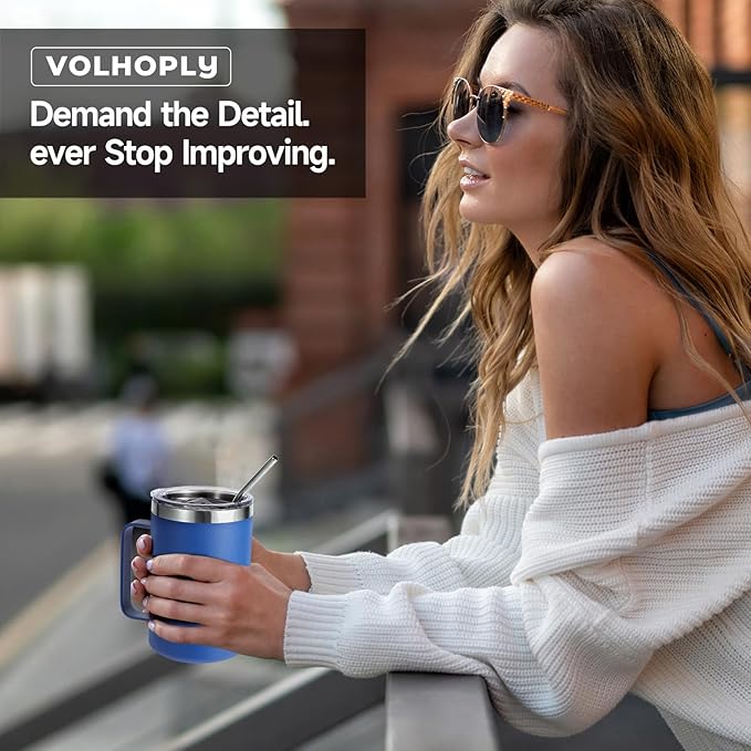 Volhoply 16oz Insulated Coffee Mug with Lid and Straw, Stainless Steel Travel Mugs with Handle, Double Wall Vacuum Leak Proof Coffee Tumbler Cup (Blue,1)