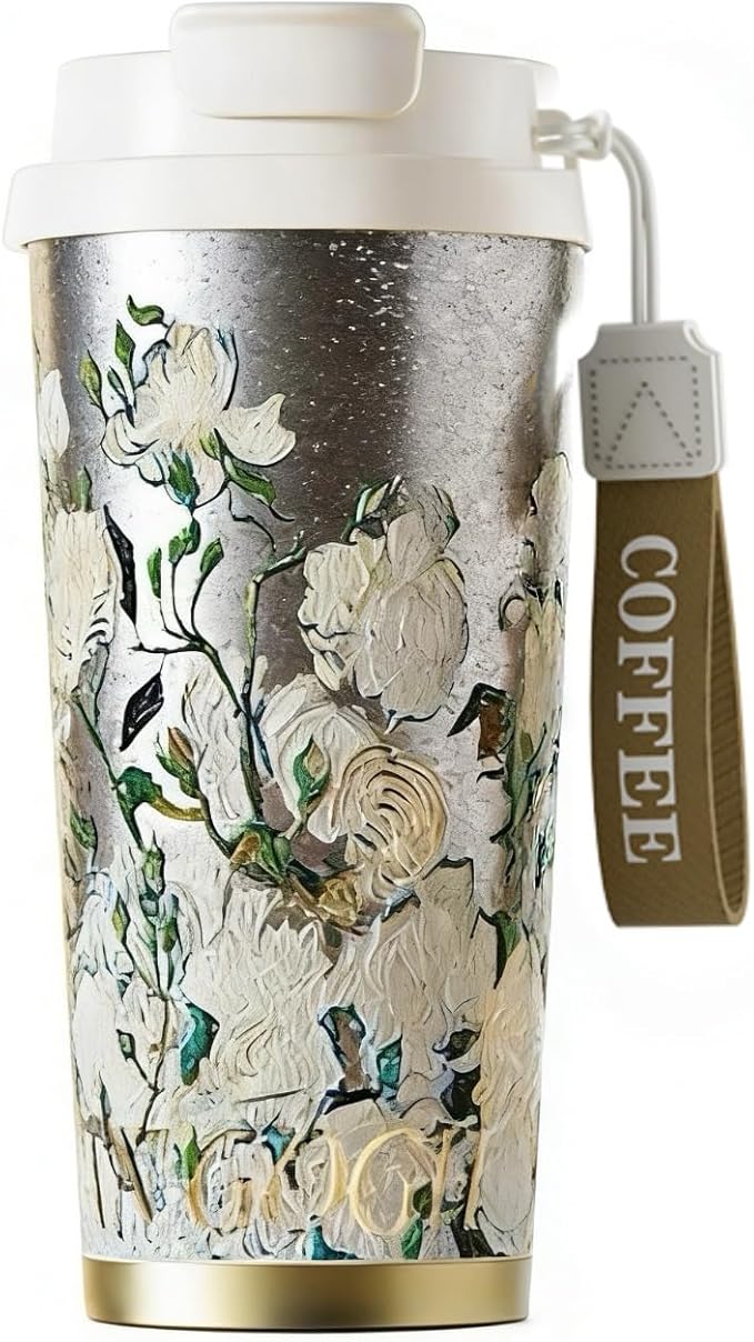 JWANGYUDG-100% Fully Titanium 17.5 oz Mug, 12-hour Thermal Insulation Coffee Mug, Artistic Travel Coffee Mug, Reusable Coffee Cup (White Roses)