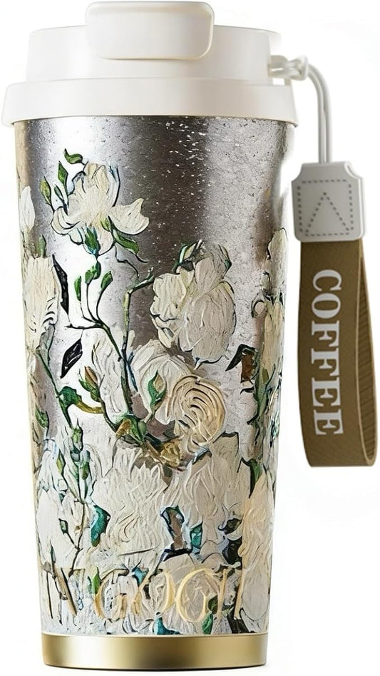 JWANGYUDG-100% Fully Titanium 17.5 oz Mug, 12-hour Thermal Insulation Coffee Mug, Artistic Travel Coffee Mug, Reusable Coffee Cup (White Roses)