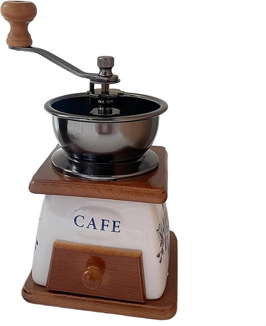 Vintage Hand-Cranked Coffee Bean Grinder with Ceramic Burr Drawer-Style Powder Tray Ergonomic Long Handle Non-Slip Wooden Base for Home Use Small Batch Brewing and Coffee Enthusiasts (New version)