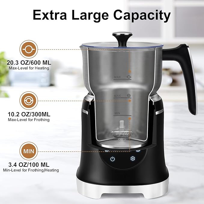 VIPDIGI 7-IN-1 Milk Frother, 20.3 OZ Milk Frother and Steamer with Temperature Control Stainless Steel Electric Milk Frother Dishwasher Safe Hot and Cold Foam for Latte Hot Chocolate Cocoa (Black)