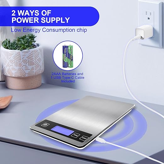 Ionsno 22lb Food Scale, Digital Kitchen Scale Weight Grams and oz for Weight Loss Cooking Baking, 1g/0.1oz Precision, Rechargeable and Waterproof, Stainless Steel and Tempered Glass, Gray Silver