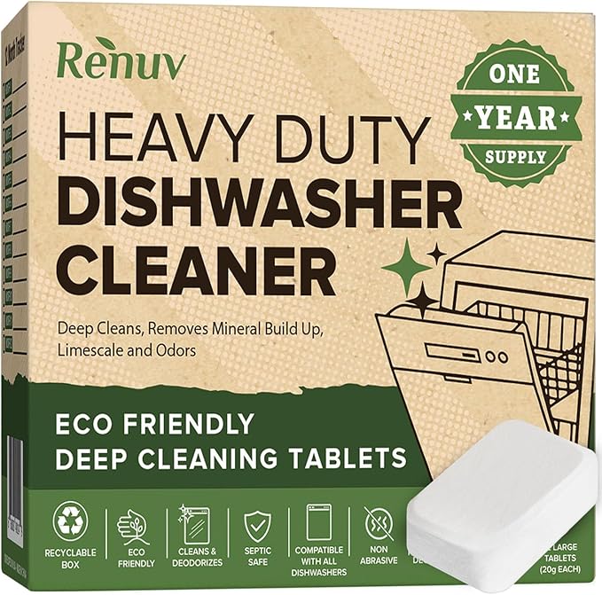 Renuv Coffee Maker Cleaner + Dishwasher Cleaner Bundle - Heavy Duty Kitchen Appliance Deep Cleaning and Descaling, (12 Tablets of each)