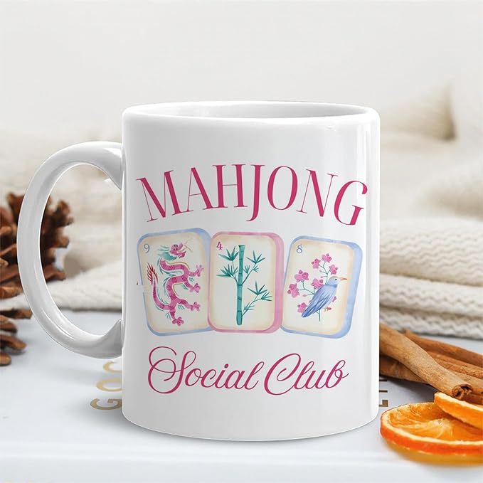 Chinese Mahjong mug Gifts for Women，mahjong Gifts for Mah Jong Players Lovers Coffee Cup, Mahj Accessories Ceramic Coffee Tea Mug 11 oz