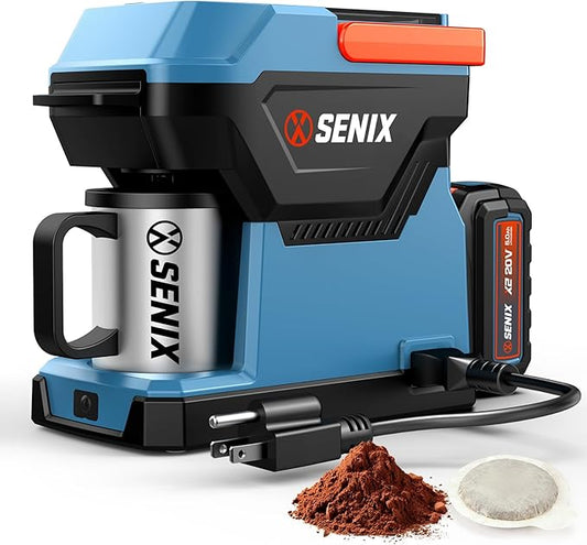 SENIX Portable Coffee Maker with 5000mAh Battery, Self Heating Coffee Machine for Car/RV/Camping, Dual AC/DC Power, Compatible with Ground & ESE Pods, Travel Drip Brewer with Stainless Steel Cup