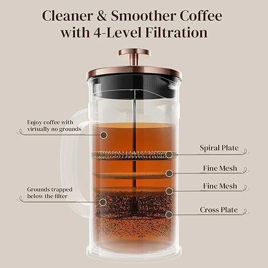 Veken French Press Coffee Maker, Heat Resistant Thickened Borosilicate Glass,Stainless Steel Brewer,Single Serve Small Pot, Cold Brew Cafetera Teapot for Kitchen Travel Camping, 21oz 0.6 L,Copper