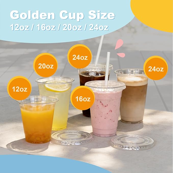 12 oz 100 Pack Disposable Clear Plastic Cups with Lids and Straws, Food Safe Bulk Iced Coffee Cups for Smoothies, Milkshakes and Other Cold Drinks