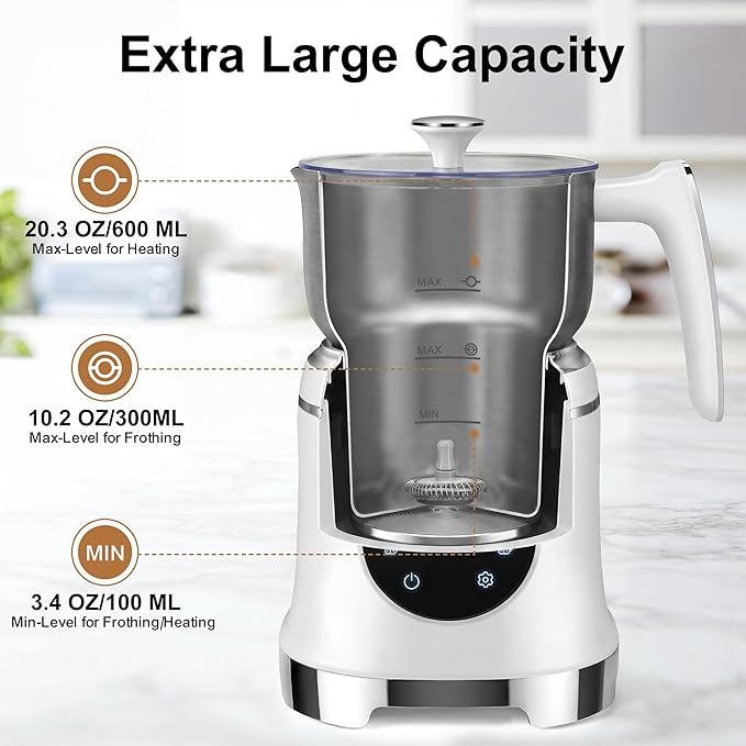 VIPDIGI 7-IN-1 Milk Frother, 20.3 OZ Milk Frother and Steamer with Temperature Control Stainless Steel Electric Milk Frother Dishwasher Safe Hot and Cold Foam for Latte Hot Chocolate Cocoa (White)