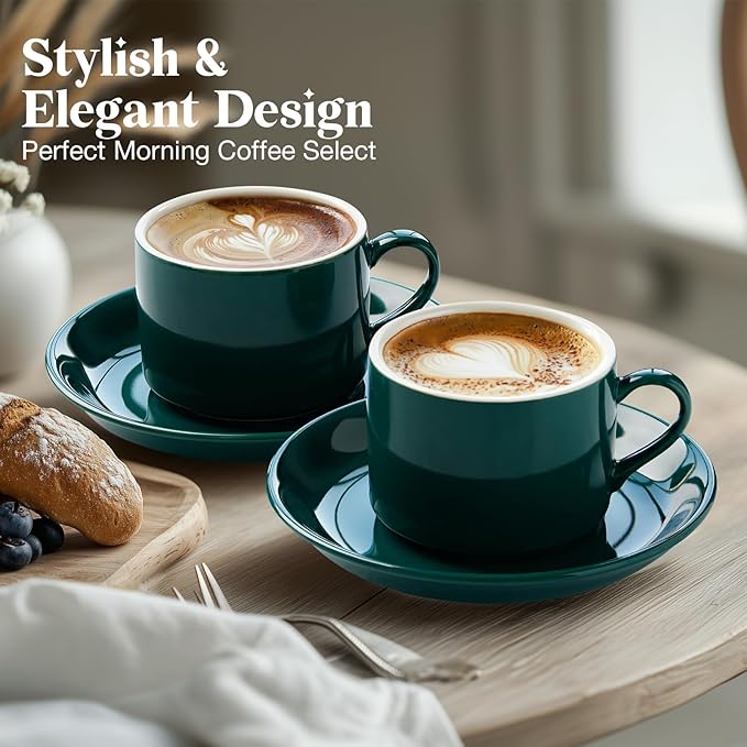 NWYSZ 5 Ounce Green Porcelain Stackable Espresso Cups with Stainless Steel Holder, Set of 4, Durable Ceramic, Perfect for Home, Office or Gift