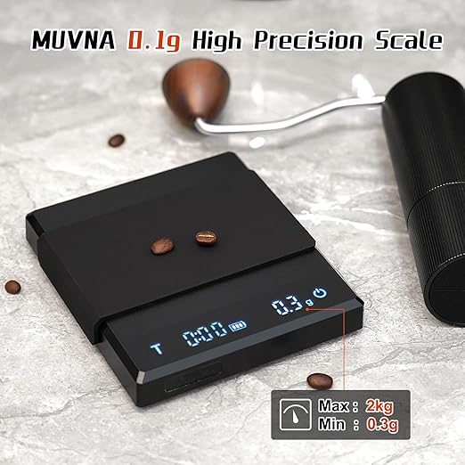 MUVNA 0.1g High Precision Digital Coffee Scale, 0.3g to 2kg Measuring Range Rechargeable Espresso Scale with Tare Function, LED Display (Black, ABS)
