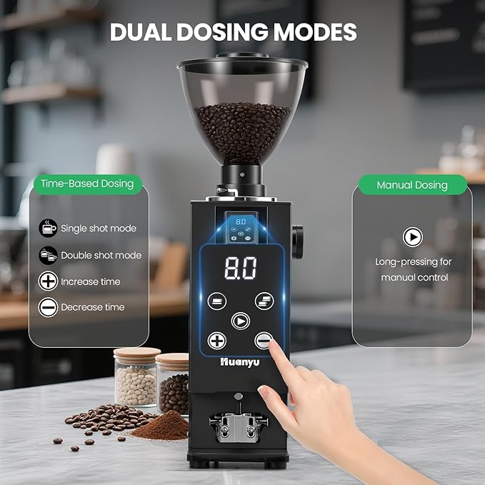 Huanyu Commercial Coffee Grinder, Built-In 58mm Auto Tamper, 64mm Flat Burr, Anti-Flying Grounds Outlet, 35OZ Hopper, 14 Grinding Settings, Smart Buttons for Cafés