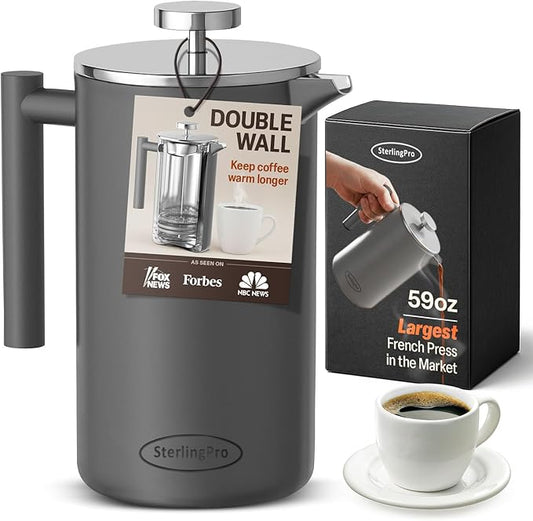 Extra Large French Press Coffee Maker 59 oz (1.75L), Large Capacity Stainless Steel Big French Press XL, Thermal Insulated Largest Coffee Maker with Double Walled Insulation, Gray