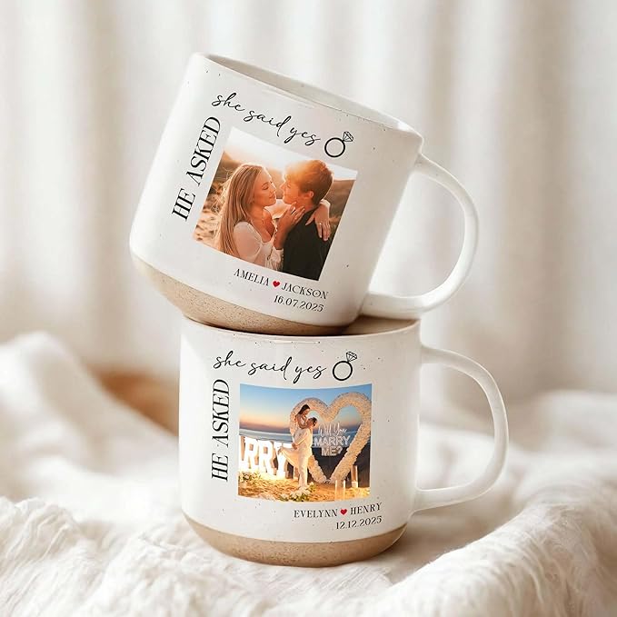 Personalized She Said Yes Engagement Photo Pottery Mug 12oz, Custom Couple Picture Mug with Names & Date, Wedding and Anniversary for Couple