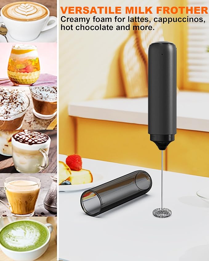Soenglyun Rechargeable Milk Frother with Cover, Easy to Carry Drink Mixer Handheld, Electric Frother Wand for Coffee, Latte, Cappuccino, Frappe Drink, Hot Chocolate, Black