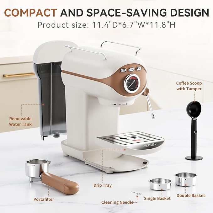 Espresso Machine, 20 BAR Pump Temperature Control, Compact Espresso Maker with Steam Milk Frother, Professional Coffee Makers for Home, Cappuccino, Latte, Gifts for Coffee Lover, White